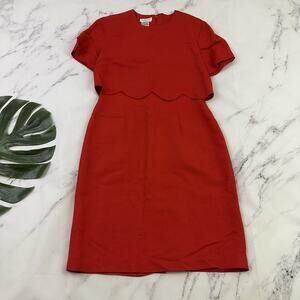 Talbots Womens Vintage 90s Sheath Dress Size 8 Red Scallop Trim Layered Linen